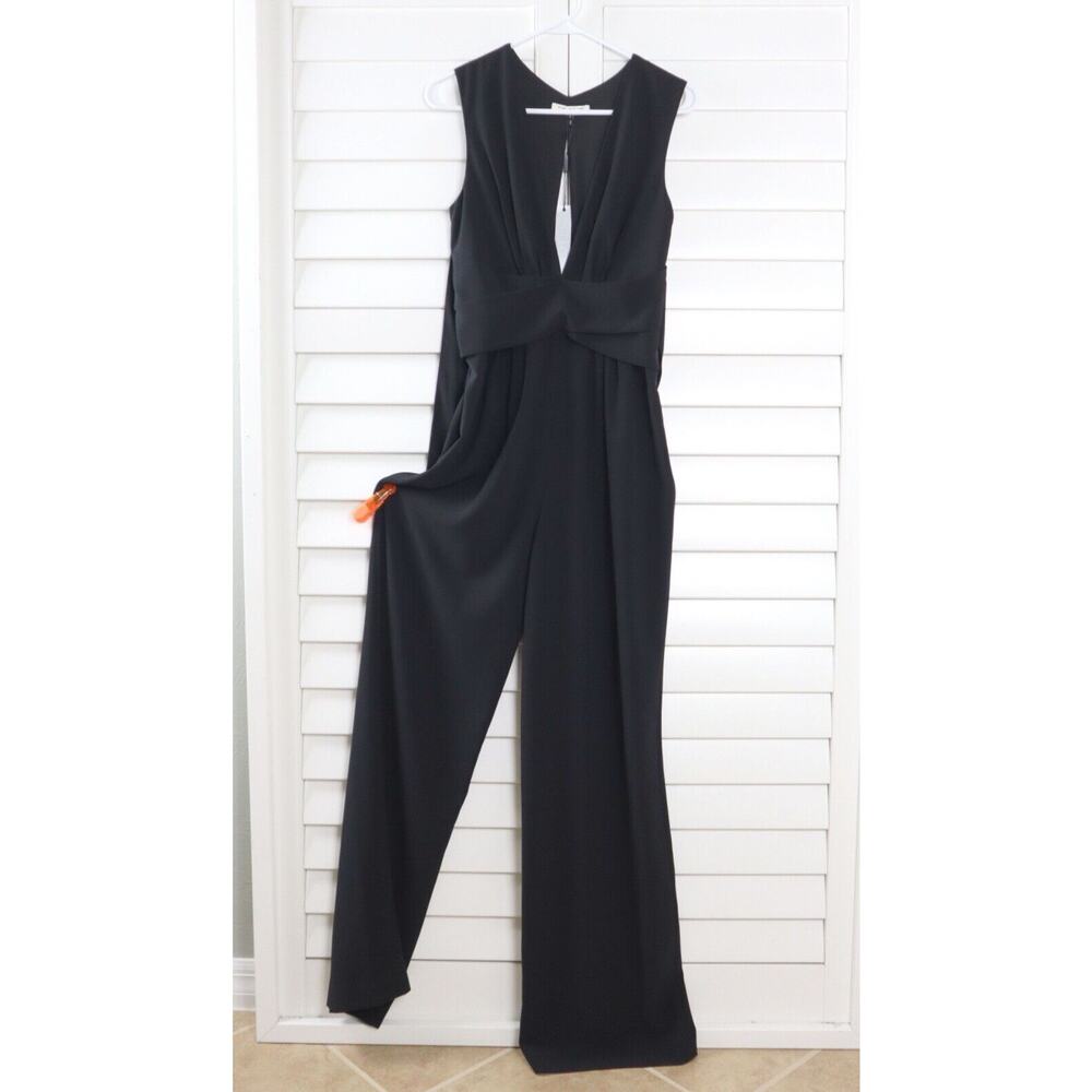 HALSTON HERITAGE NWT $445 Solid Black Open Back Tie Waist Jumpsuit Size 2